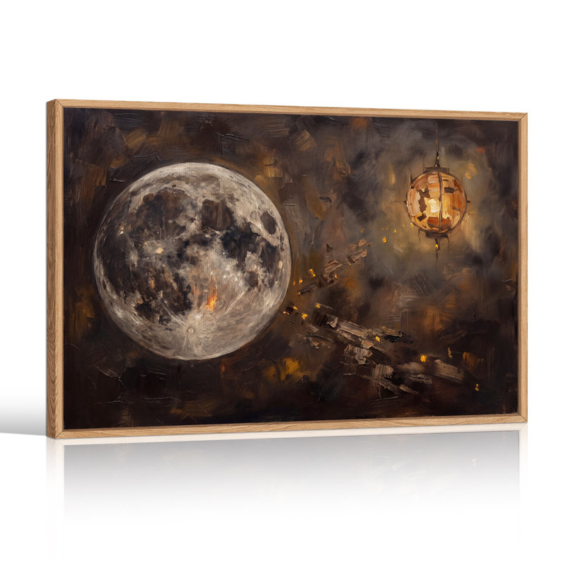 Art texturé sur toile, lune texturée et lanterne rougeoyante dans l'espace lointain, H 32 po x l 48 po