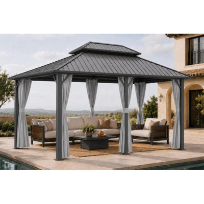 12X16ft Hardtop Gazebo with Dual-Tiered Polycarbonate Roof and Aluminum Frame