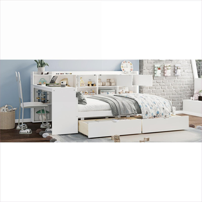 Lit de jour en L pleine grandeur en bois blanc Crisp avec bureau intégré, rangement et bibliothèque
