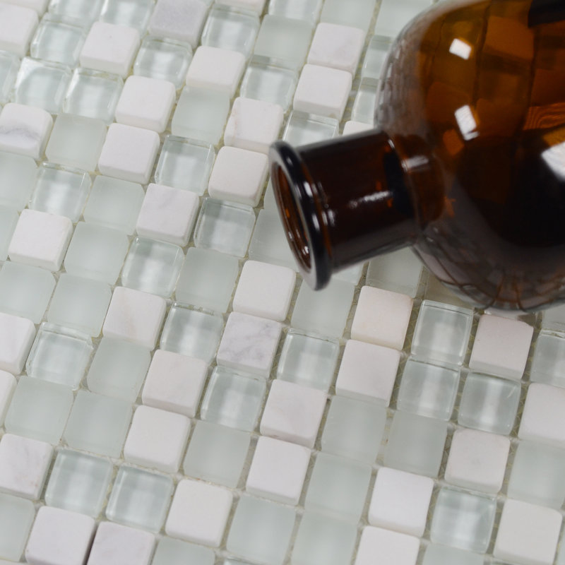 Carrara White Marble & Glass Mosaic Tile - Glossy & Frosted 5/8" x 5/8" Chips, 5/16" Extra Thick - Premium Kitchen Backsplash, Bathroom Shower Wall, Fireplace & Laundry Room Accent Tile