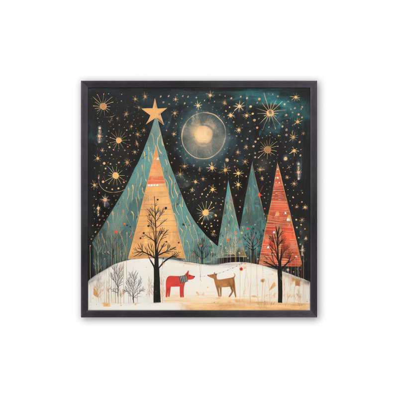 Nuit étoilée, arbres de Noël I print, H 13,75 po x l 13,75 po, Cadre simple en zinc patiné, bois massif