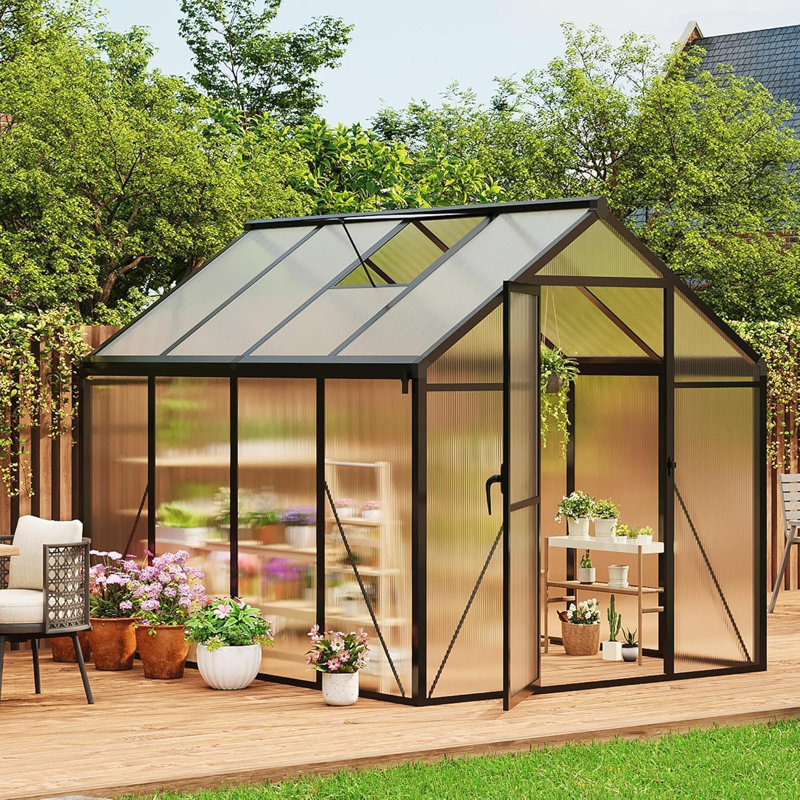 6x10 FT Greenhouse, Walk-in Polycarbonate Greenhouses with Roof Vent & Lockable Swing Door, Heavy-Duty Aluminum Frame Outdoor Garden Greenhouse Kit