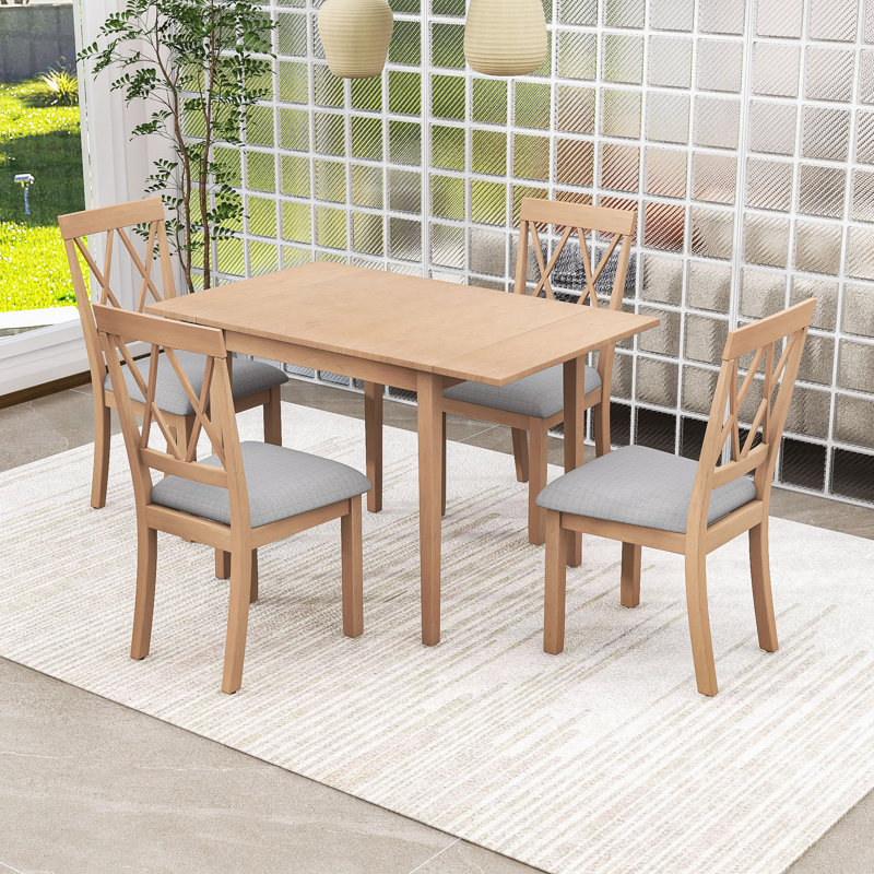 Ensemble de 5 tables de salle à manger pliables avec abattants et 4 chaises rembourrées, Naturel