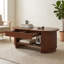 Table basse ovale cannelée de style moderne du milieu du siècle avec tiroirs de rangement, plateau en verre trempé, table basse en bois à 2 niveaux