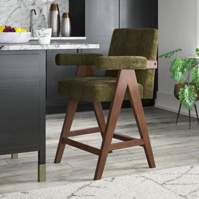 Brittnie 25.5" Full Back Walnut Wood Upholstered Counter Stool With Arms