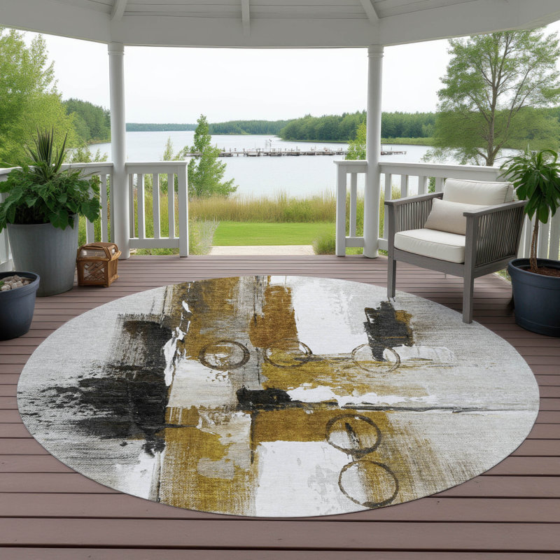 Tapis moderne intérieur / extérieur lavable à la machine ACN2751, Brun, Rond 8 pi