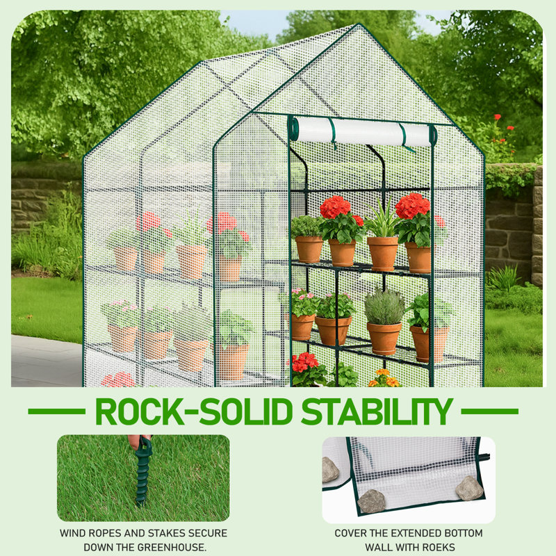 Metal-Framed PE-Covered Mini Walk-In Greenhouse With 8 Shelves, 56.3"