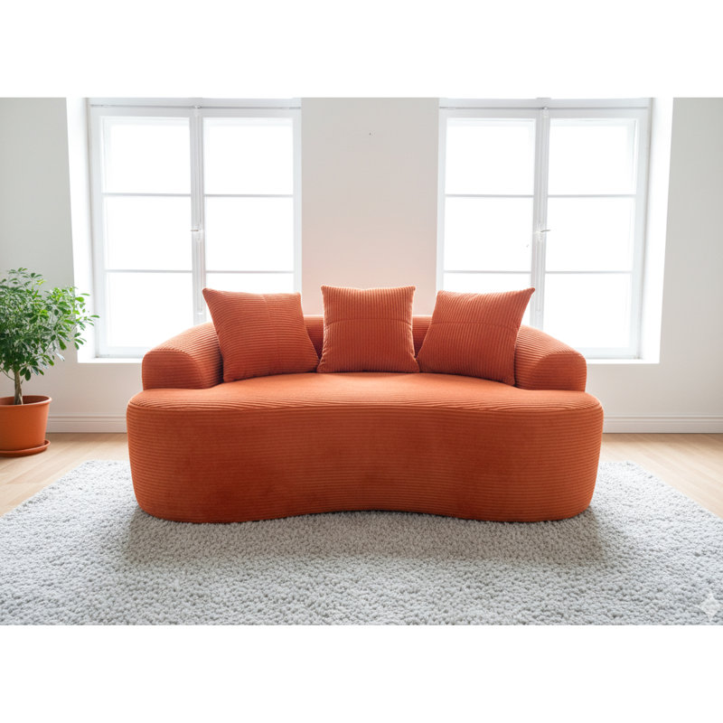 65,43 po incurvé, velours côtelé orange rouge, coussins à ressorts ensachés, 3 coussins décoratifs, petit espace en velours côtelé à récupération rapide