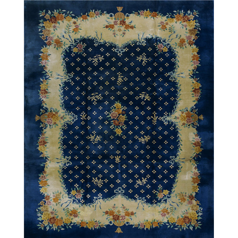 Tapis bleu antique en laine noué à la main de style art déco 1935