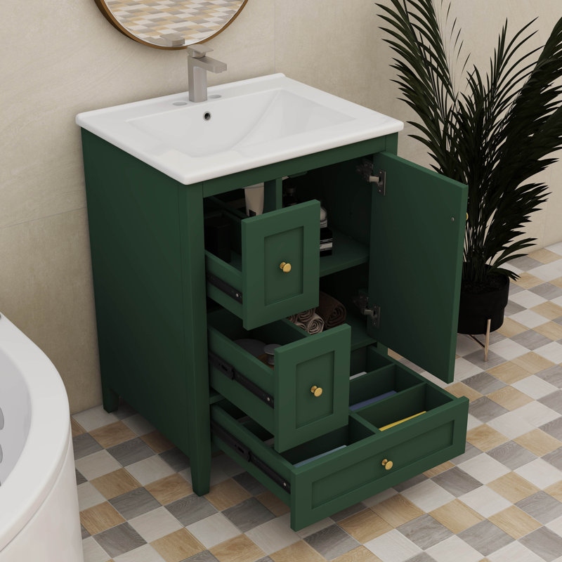 Armoire de lavabo de salle de bain de 24 pouces avec 3 tiroirs amovibles et une tablette réglable, Vert foncé, Doré