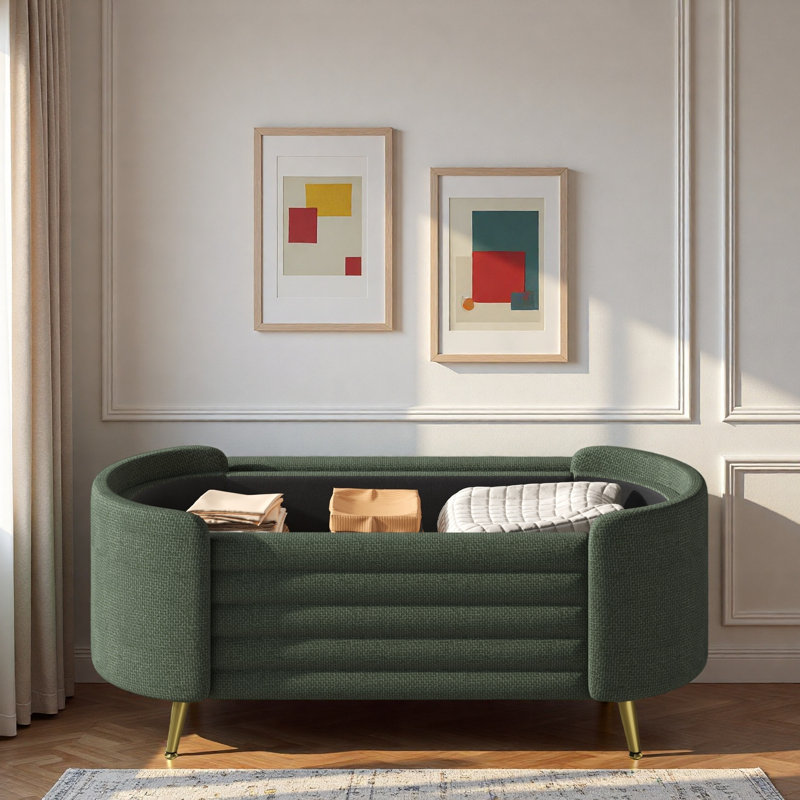 Modern Oval Ottoman Bench With Ample Storage Space And Metal Legs, Green