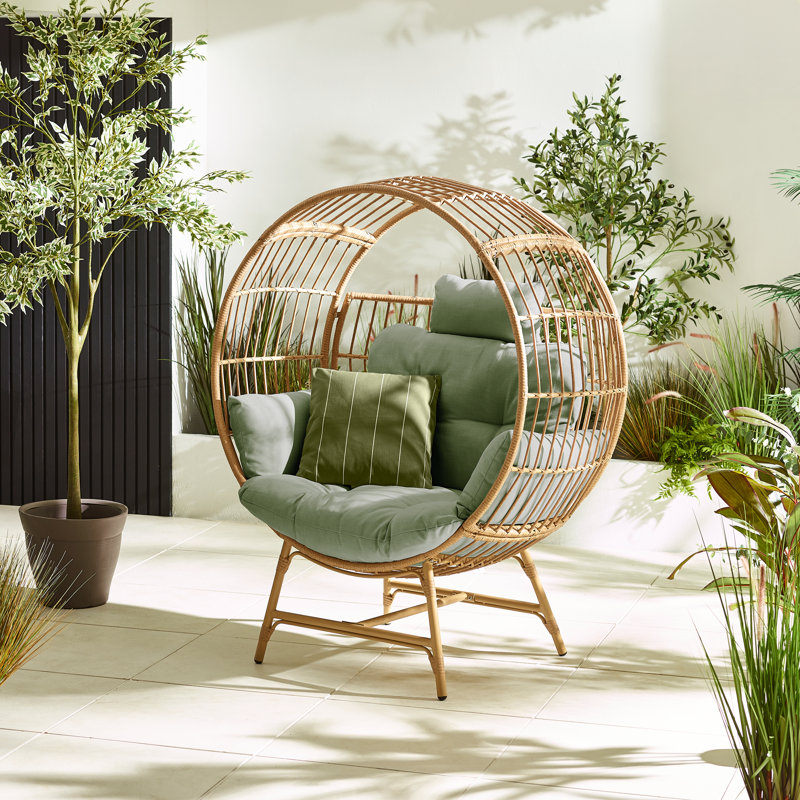 Becca Cosy Rattan Circular Cocoon Garden Egg Chair With Cushion - Contemporary Modern Design, Green