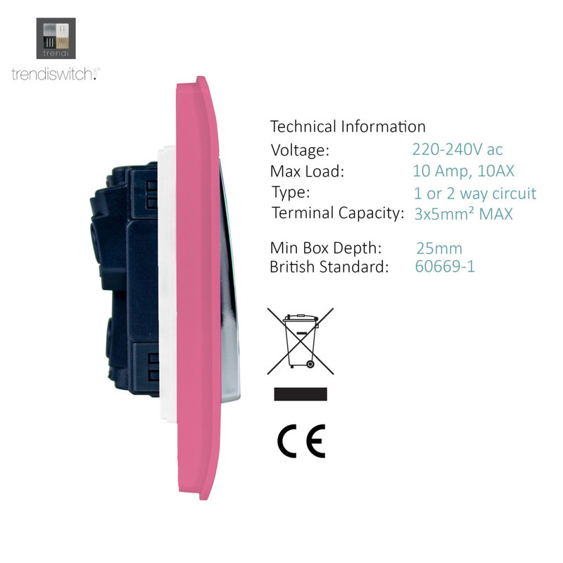 Trendi Switch 3 Gang 1 or 2 way Rocker Light Switch, Pink