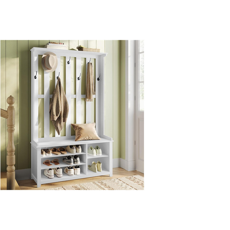 Portemanteau avec banc et rangement pour chaussures - Portemanteau blanc mat avec 7 crochets doubles pour vestes, chapeaux, vestibule, chambre à coucher, salon