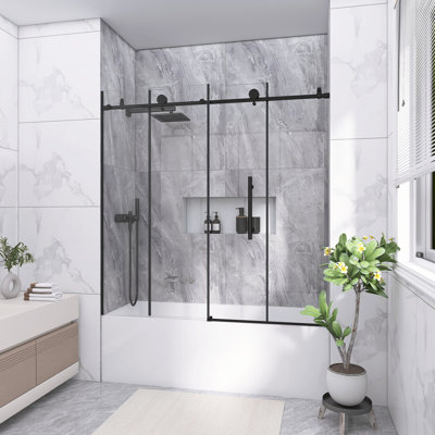 Matte Black Frameless Shower Door 56-60"W X 60"H, 6mm Clear Tempered Glass With Explosion-Proof Film & Stainless Steel Handle