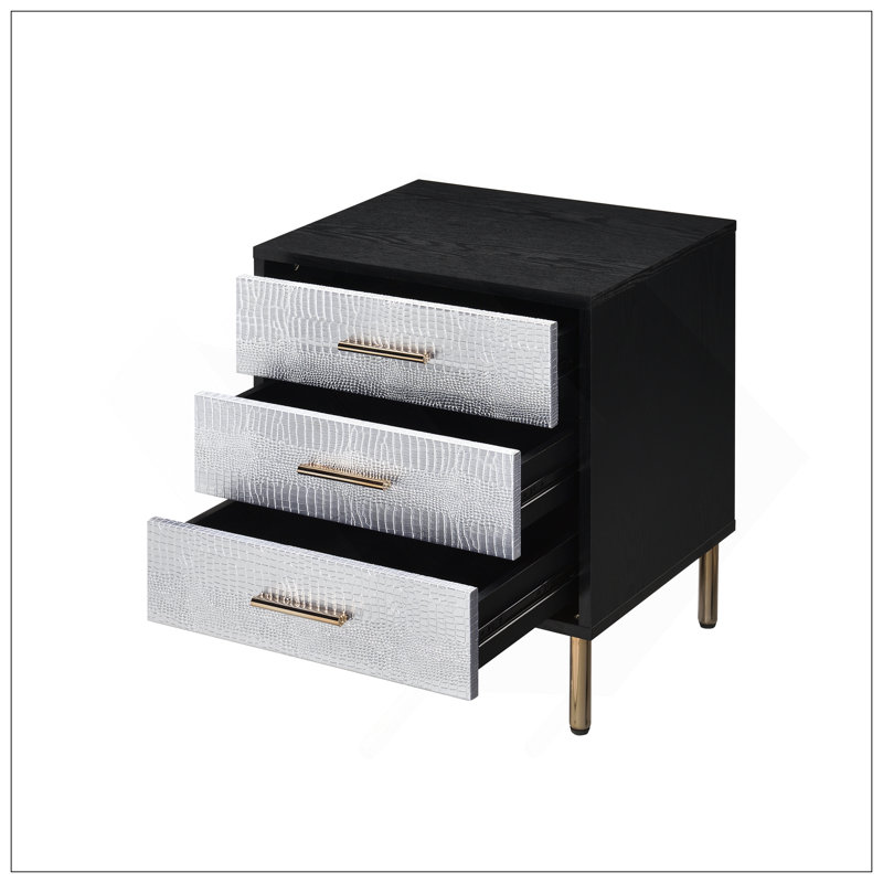 Glamour table de chevet noire 1 pièce avec 3 tiroirs, motif crocodile argenté et pieds à finition dorée pour un décor de chambre à coucher élégant