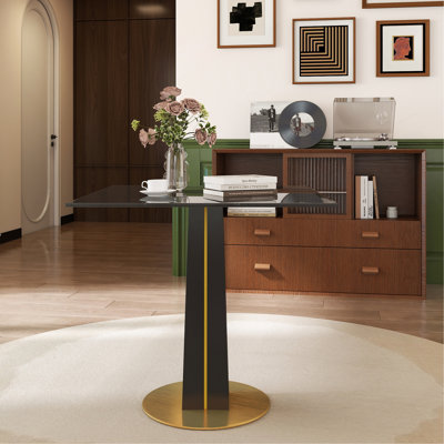 Table de ronde ronde moderne - plateau en verre trempé noir de 85 cm, pieds en bois noir avec base en métal doré
