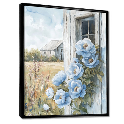 Powder Blue Peonies By The Barn - Peonies Canvas Print Wall Art