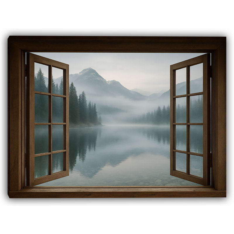 Whispering Pines - Foggy Mountain Reflections Through a Window, H 24 po x l 36 po