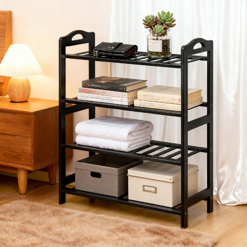 4-Tier Portable Bamboo Shoe Rack 12 Slats Black 26.8 Inch, Black