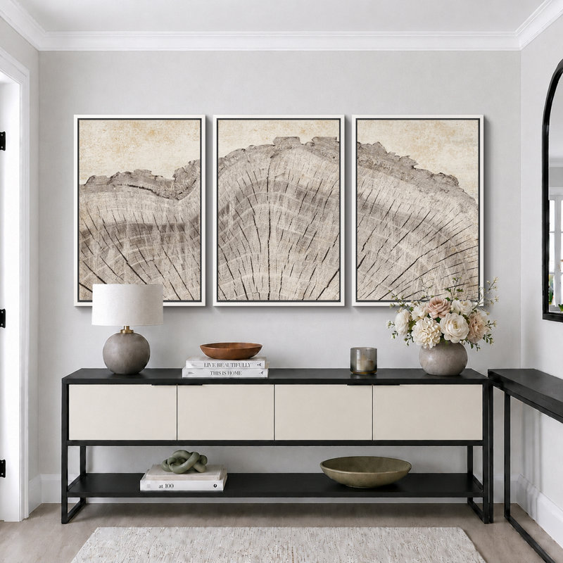 Anneau d'arbre «Œuvre de souche en bois de chêne rustique, décor de cabane de ferme, photos murales neutres, 3 pièces encadrées sur toile, impression numérique sur giclée»