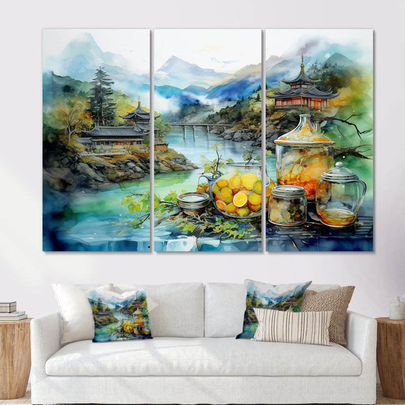 Ensemble d'art japonais sur toile, Japon, H 28 po x l 36 po x P 1 po, Toile tendue