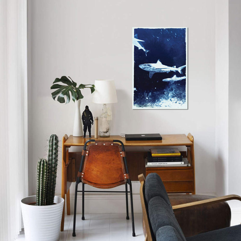 " Indigo Sharks ", 60" H x 40" W x 1.5" D, Wrapped Canvas, No Mat