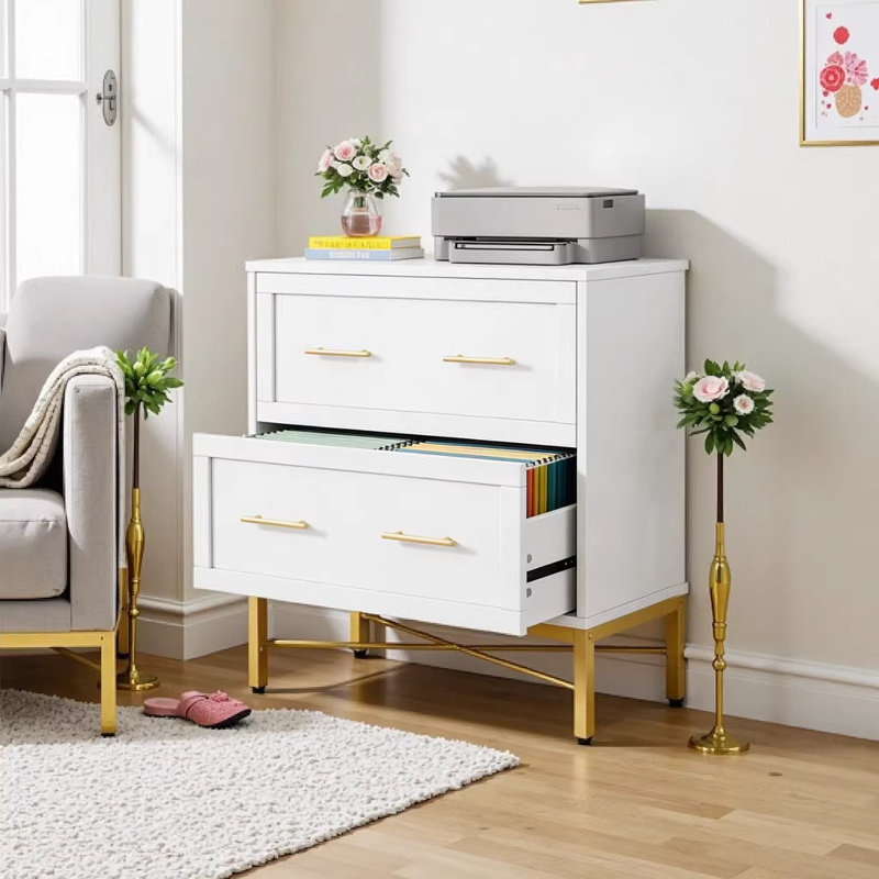 2-Drawer Office File Cabinet with Gold Accents, Sleek White & Gold Lateral Filing Cabinet for Home Office, Legal/Letter/A4 File Storage with Anti-Tip Design