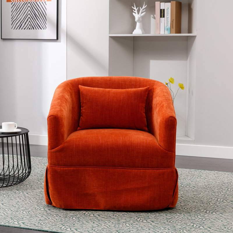 360-Degree Swivel Upholstered Armchair with Accent Pillow, Orange Linen Blend