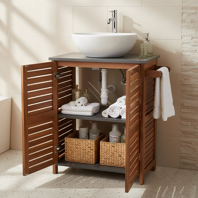 Armoire sous l'évier brune et grise avec découpe en U, portes à double évent, porte-serviettes - Collection Elements