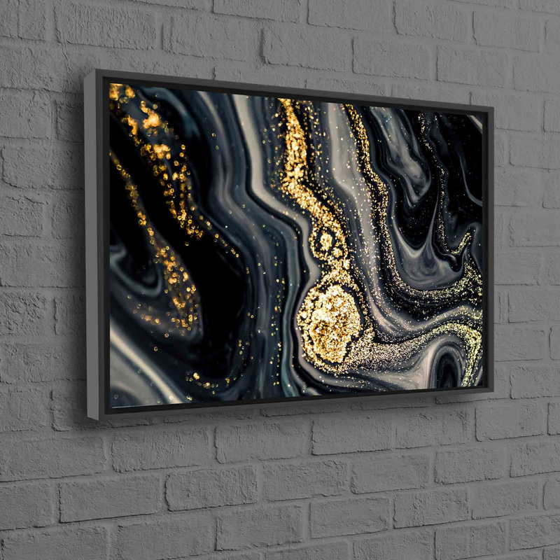 Marble Abstract Wall Art Perfect As Modern And Luxury Home Decor On Canvas, 60 cm H x 90 cm W, Black Floater Framed