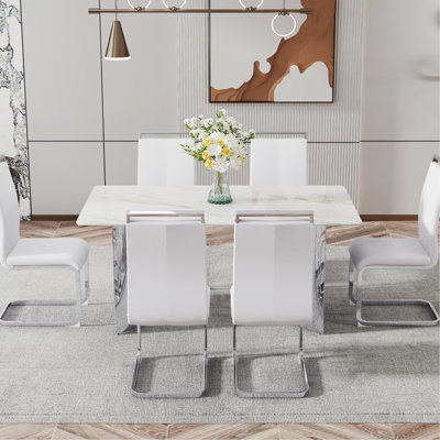 Table de salle à manger moderne de 63 pouces avec bureau en verre marbré, pieds en acier inoxydable et 6 sièges - parfaite pour les réunions de famille