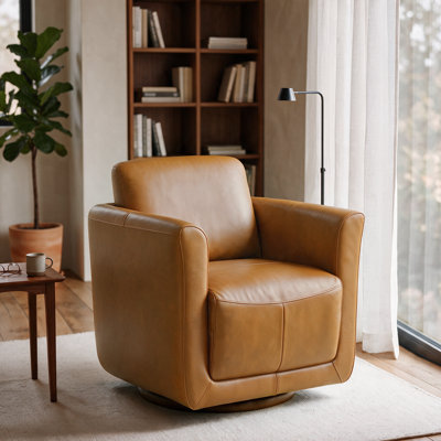 Fauteuil demi-tonneau pivotant à 33 ° en cuir véritable de 33 po de largeur avec structure en bois massif, aucun assemblage requis