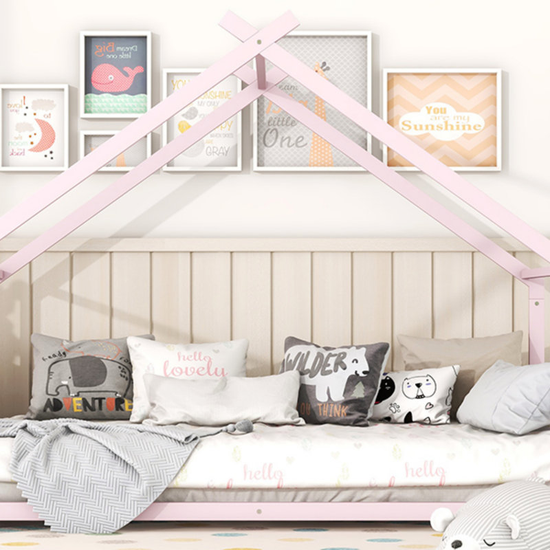 Metal House Bed, Pink, Full
