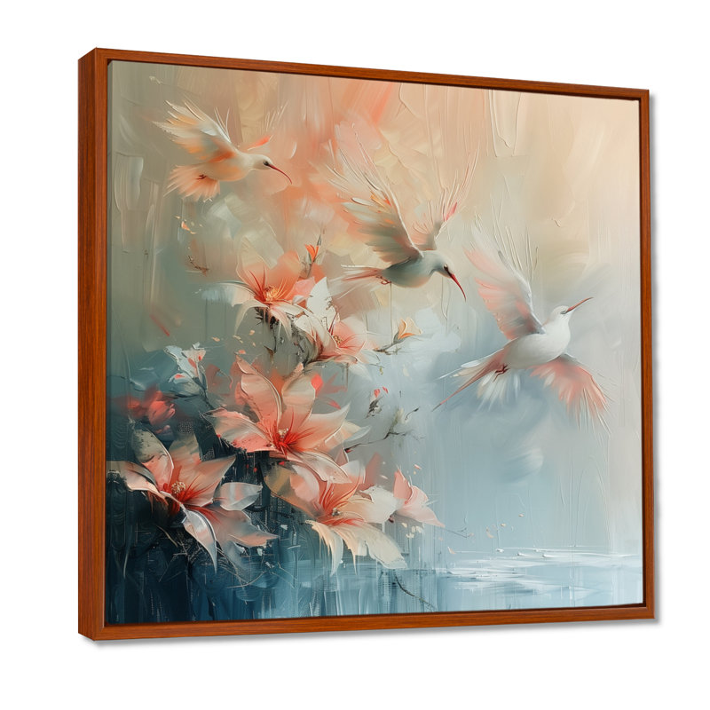 Décoration murale oiseaux blancs et roses Paradise Cove II, H 30 po x l 30 po x P 1 po, Toile avec cadre flottant brun