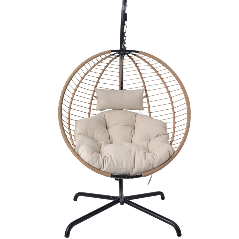 Chaise suspendue avec support - conception rustique, cordes brunes, coussin, idéal pour les séances de lecture en plein air, support de 78,23 po de hauteur, structure en fer beige, petits espaces