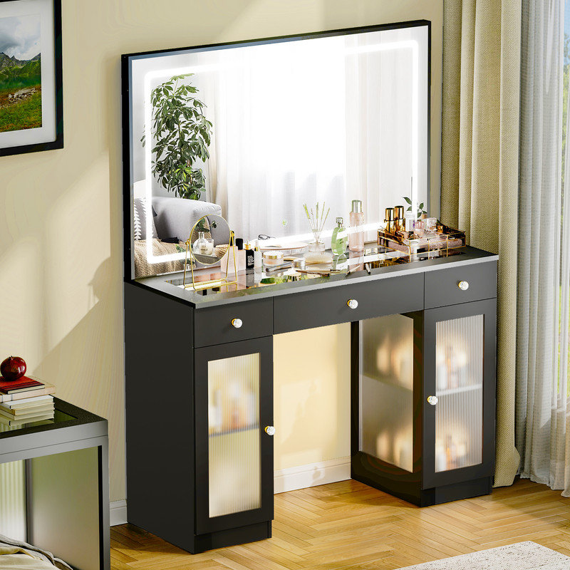 3-Drawer Makeup Vanity Desk with 43" Big Mirror, LED Light Strips & Charging Station – Modern Makeup Dresser with Storage Cabinets