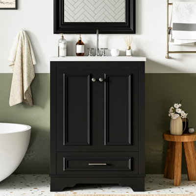Meuble-lavabo de salle de bain en céramique 24 po - armoire moderne noire, tablette réglable, accent argenté, grande surface lisse avec poignée, rangement organisé, polyvalent,