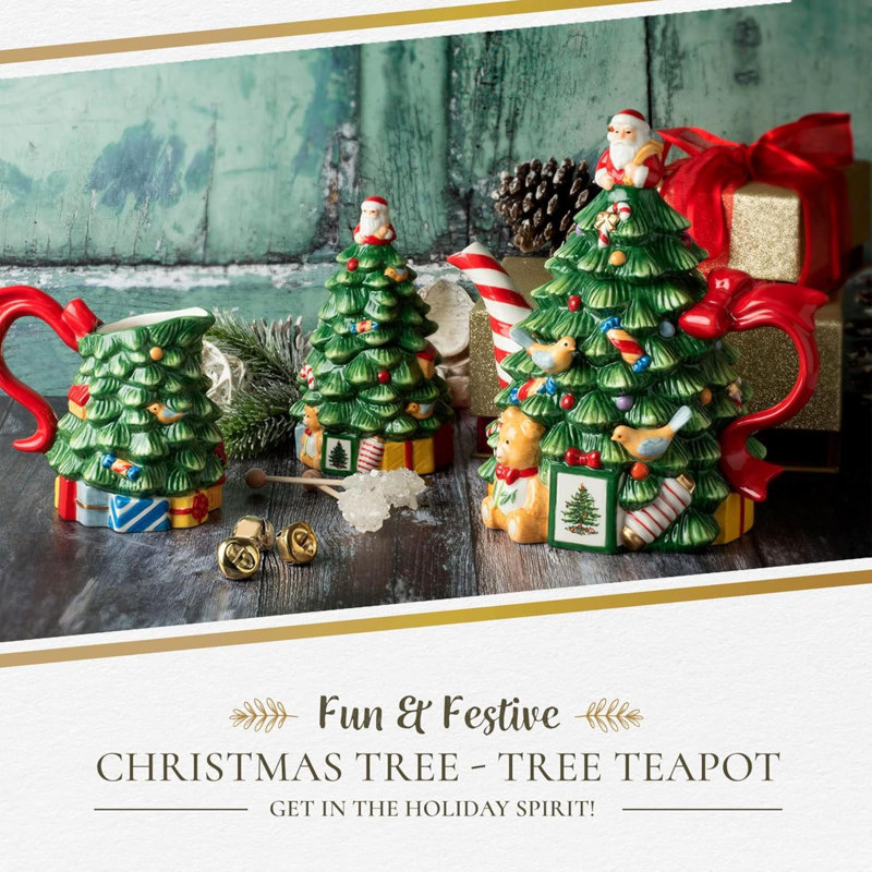 Théière figurative de sapin de Noël - théière festive de Noël avec des accents de gui, bec rayé menthe poivrée et poignée de ruban - théière décorative Dolomite pour les fêtes de fin d'année