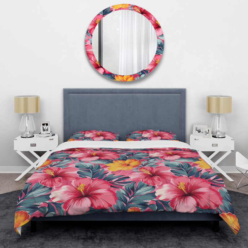 Ensemble de housse de couette moderne rose et vert Hibiscus, Housse de couette simple et deux taies décorative