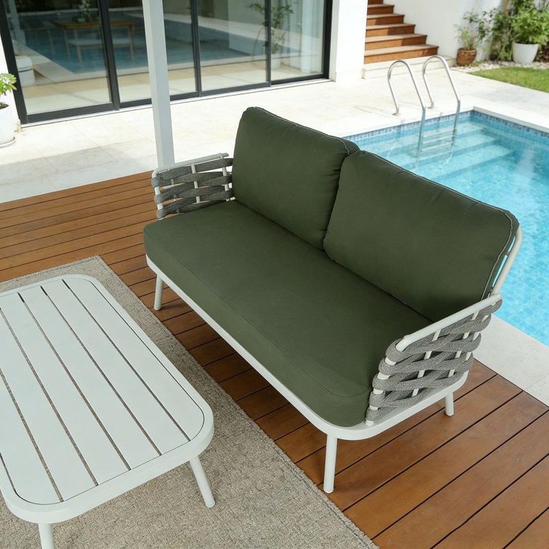 Causeuse et table en acier, Vert, blanc cassé