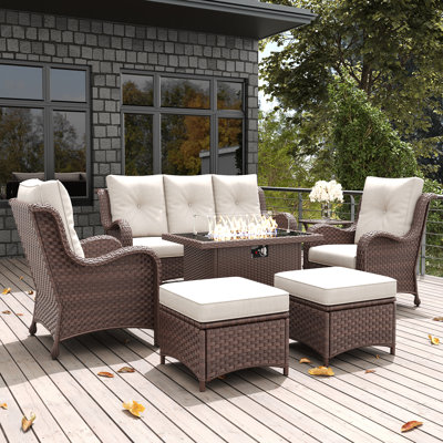  7 Pieces Outdoor Patio Furniture Set With Fire Pit Table, Rattan Wicker Sectional Chairs Sets With Ottomans, Single Chairs And Coffee Table