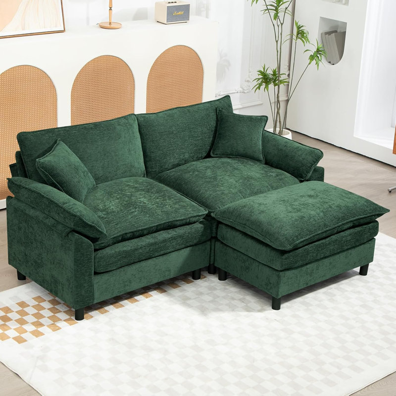 Canapé modulaire rembourré en L avec repose-pieds, H 34,6 po x l 80 po x P 57,8 po, Chenille verte