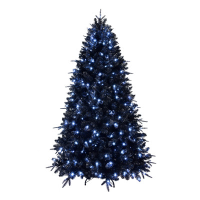 5 ft Black Artificial Christmas Tree with 250 White LED Lights, 1076 Tips PE & PVC Pre-Lit Holiday Tree, Hinged Branches with Metal Stand for Halloween and Christmas Decor