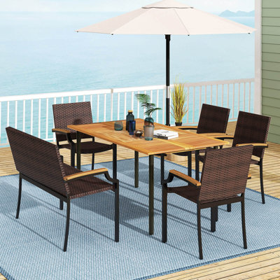 6 PCS Outdoor Dining Set with Acacia Wood Tabletop, 1.97” Umbrella Hole for Deck