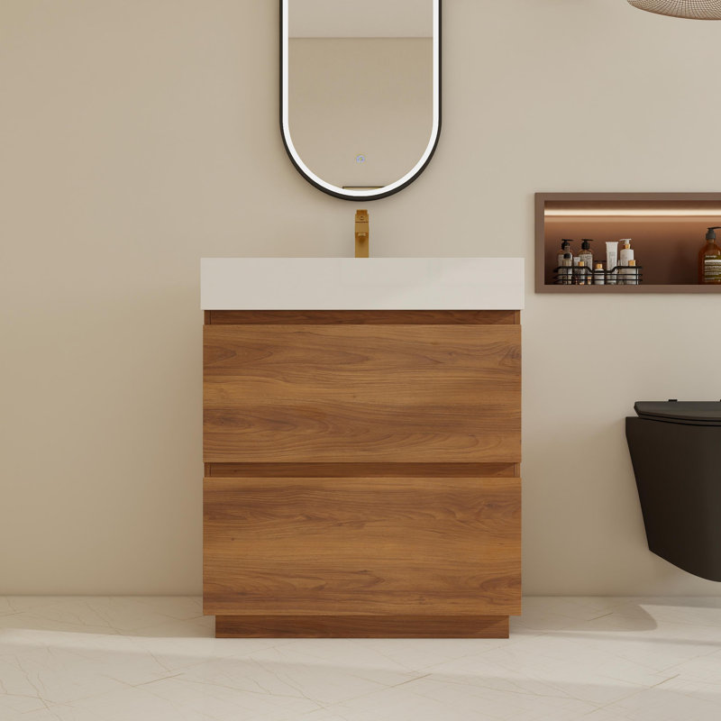 Ensemble de meuble-lavabo simple 30 po avec lavabo en résine, meuble-lavabo sur pied avec 2 tiroirs, Brown Ebony