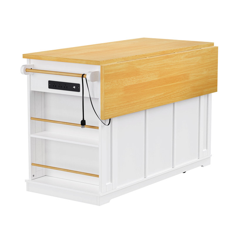 53Inch Large Kitchen Island With Drop Leaf, Power Outlet, Door Internal Storage Rack, Rolling Kitchen Cart On 5 Wheels With 5 Open Side Racks For Kitchen, Dining Room,White(Not Include Bar Stools)