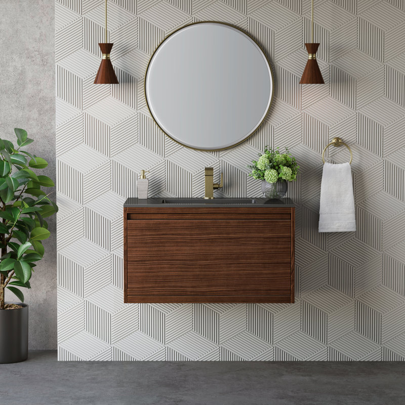 Mantova 35.5'' W Single Vanity, Mid Century Walnut/Champagne Brass, Charcoal Black