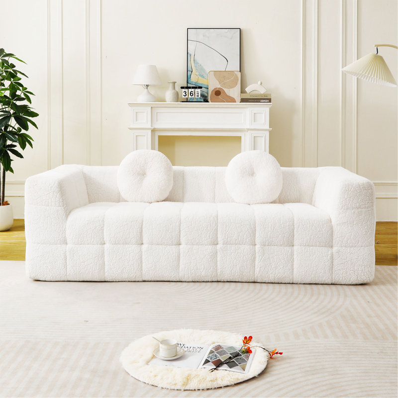 Canapé moderne désossé avec coussins décoratifs circulaires, tissu en polyester à poils longs texturé litchi doux pour la peau, tissu à carreaux