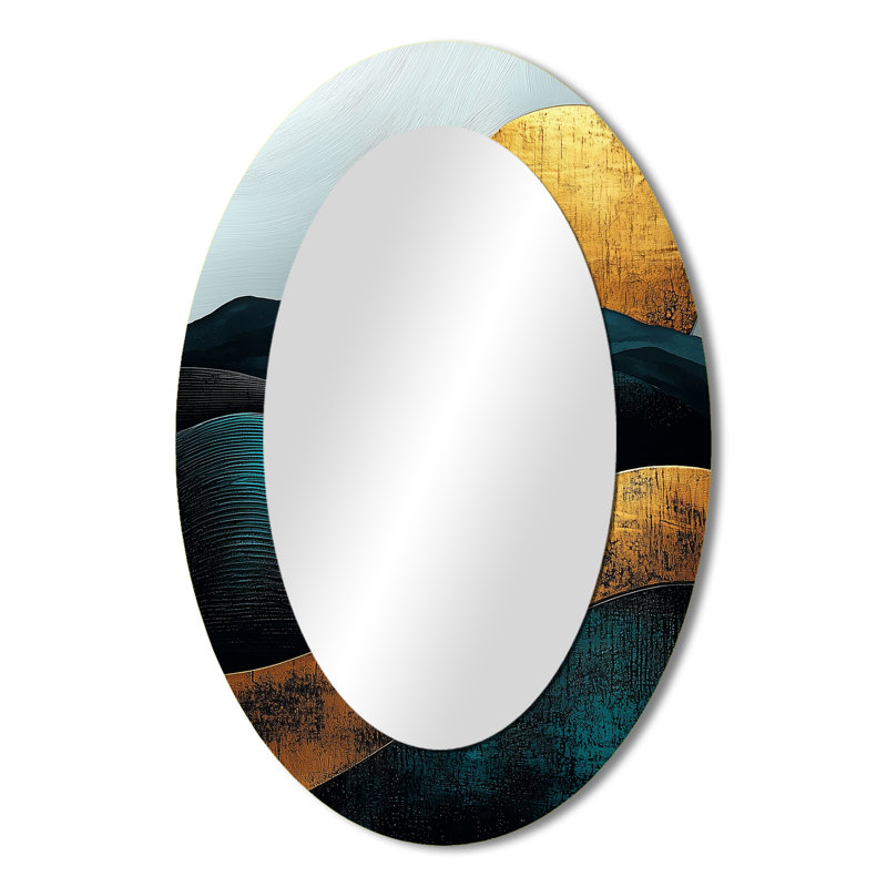 Sunrise On Golden Emerald Mountains Horizon III - Grand miroir mural ovale sur métal, 36 po x 24 po